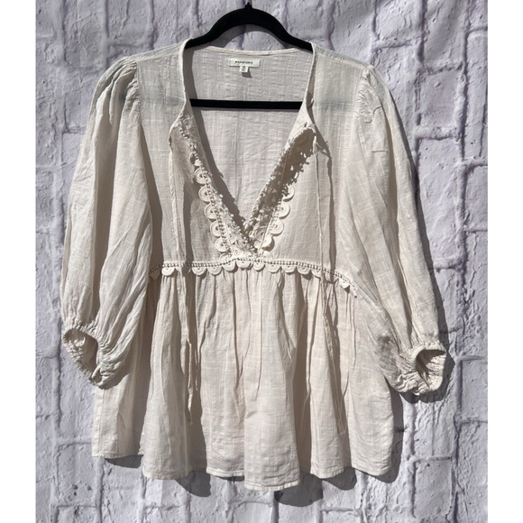 Max Studio Women's Boho Crochet Keyhole Empire Waist Babydoll Peasant Blouse M - Picture 2 of 8